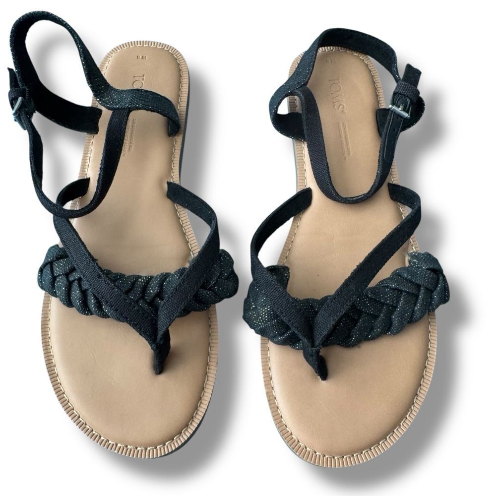 TOMS Lexie Black Gold Sandals 8W Coastal Minimal Resort Core Summer Style